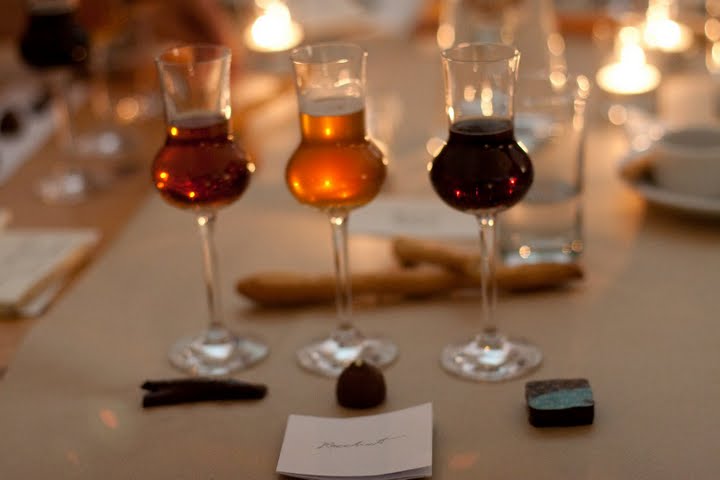 Magnolia Beer Flight paired w/ Recchiuti chocolates: (L) Blue Bell Bitter w/ Candied Orange Peel - mulled, spiced notes; (C) India Pale Ale w/ Star Anise/Pink Peppercorn truffle; (R) Brown Ale w/ Burnt Caramel truffle