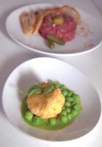 Fried feta (front) & beef tartare