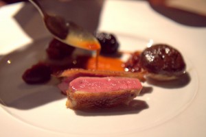 30-day Aged wood pigeon, pigeon boudin stuffed with shitake, warm spices, Blackberry PX sherry and Cognac, sunchokes, dates cooked in coffee, alliums