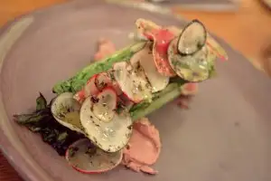 Grilled little gems lettuces with radish & duck liver mousse