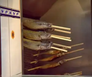 Fish on a stick - one of the snack offerings with beer at Augustiner Brewery