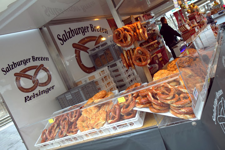 Salzburger Brezen at the market with pretzels 