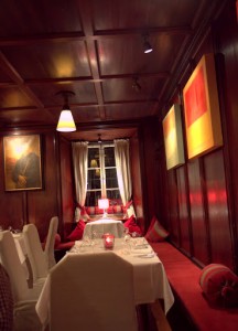 The warm woods of one of the Stiftskeller dining rooms