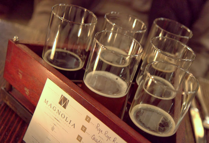 Sampling beers during Strong Beer Month at Magnolia Pub in San Francisco