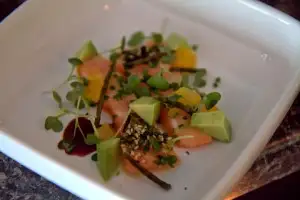 Atlantic salmon, pickled sea beans, avocado, orange, sesame seeds