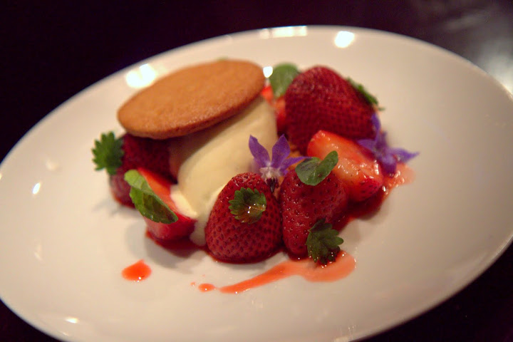 Roasted strawberries ($9) with tart fromage blanc ice cream, graham cracker crumbles, fresh spearmint