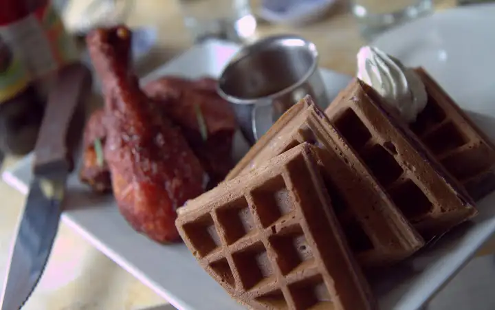 Maharlika's Filipino fried chicken and purple ube waffles