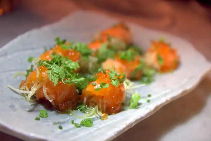 Cherry trout, trout roe, fried leeks crudo ($27)