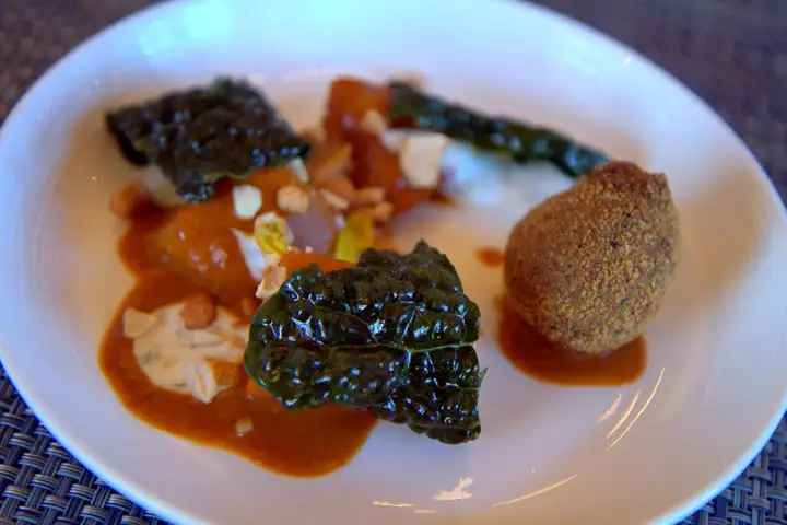 My favorite course: Red curry-braised squashes with kale falafel (instead of parsley), fried cashews, baby kale, minted yogurt paired with 2012 Viognier that spent 7 months in French oak ($24)