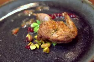 Roasted quail, tiny romanesco, pistachio, ume, grape shallot jam with super acidic Rhone blend Grenache/Syrah/Carignane