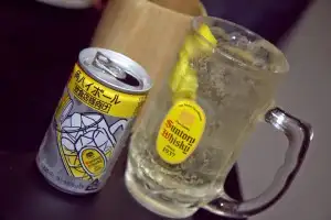 Yardbird's special, canned Suntory HIghballs