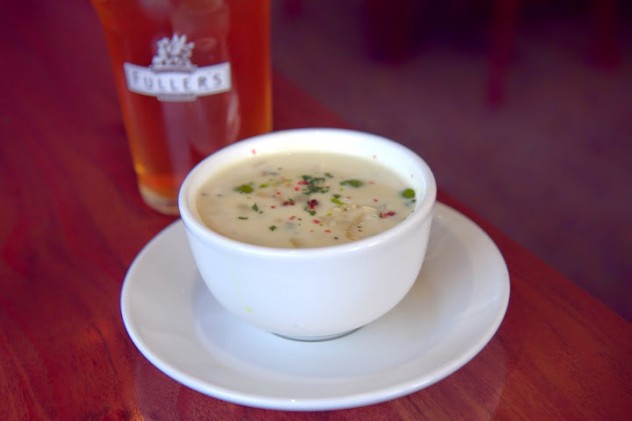 Pink peppercorn and basil oil-inflected chowder at Wild Fish