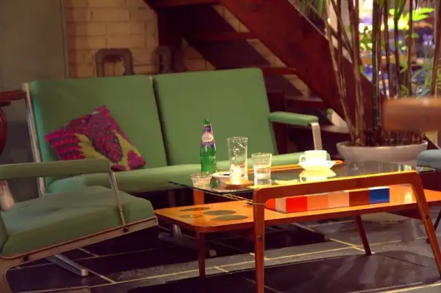 Mid-century furniture inside Cafe Biblitec Hello!