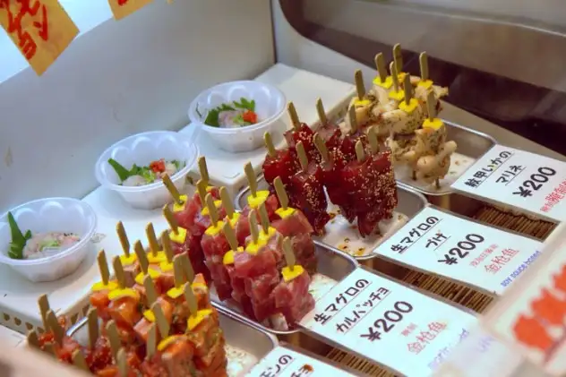 Sushi on a stick at Nishiki Market