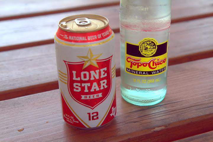 Ubiquitous Texas staples: Lone Star beer (aka "Texas water") and fizzy-strong Topo Chico mineral water, both served at Kerlin BBQ 