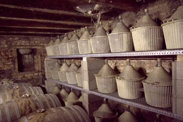 Cognac aging in demijohns and barrels