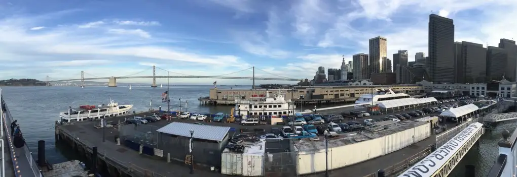 Beginning Whiskies of the World atop the SF Belle - view of the Bay Bridge