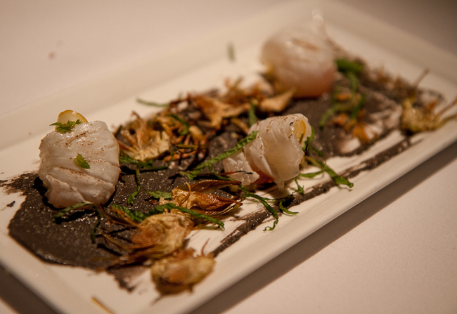 Farallon's local halibut crudo over truffled tahini with Meyer lemon and crispy artichoke 