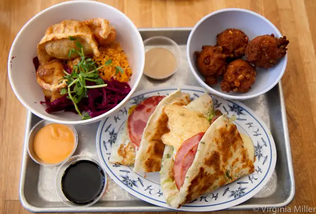 Scallion pancake "sandwiches" at Mei Mei