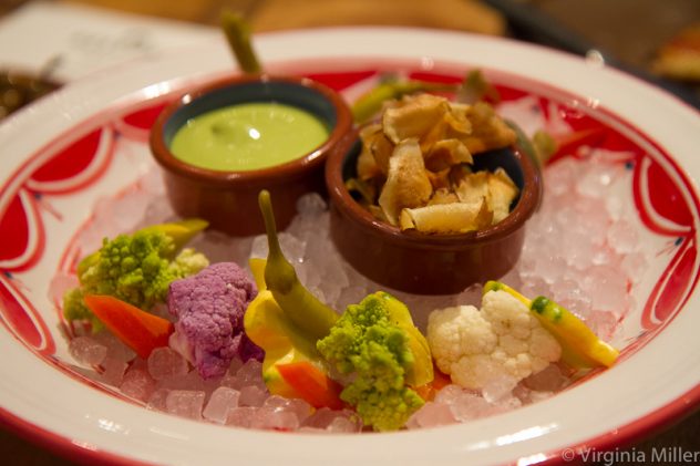 Bellota's mercado crudite in raw, pickled & chip form with herb garlic dip