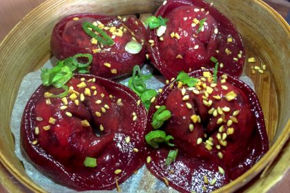 Scarlet (red beet-tofu) dumplings at Bing Bing