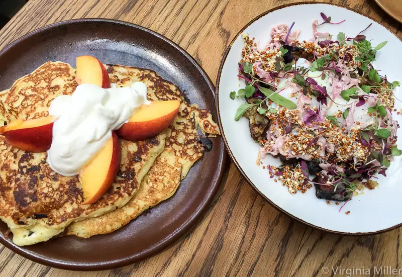 Horsefeather brunch (L: pancakes; R: pastrami hash)