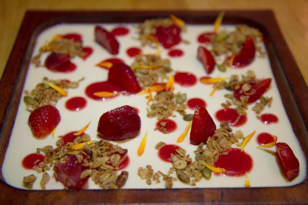 Striking, light dessert: Toasted milk custard with strawberries and toasted oats ($14)