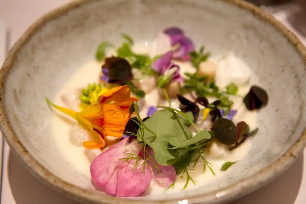 Yes, it's abalone and pig tail blanquette, warm & creamy around edible flowers with Charleston warm rice ice cream