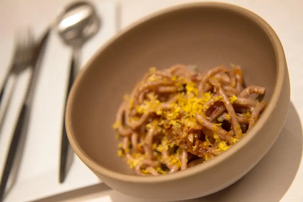 Texture perfection (not surprisingly) from Chad Robertson & Christopher Kostow in this pasta of freshly-milled durum rice laced with smoked & dried albacore over grilled cucumber