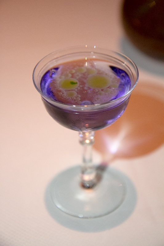 Quince's Fight or Flight cocktail: St. George Terroir Gin, lemon verbena, Creme de Violette, juniper oil