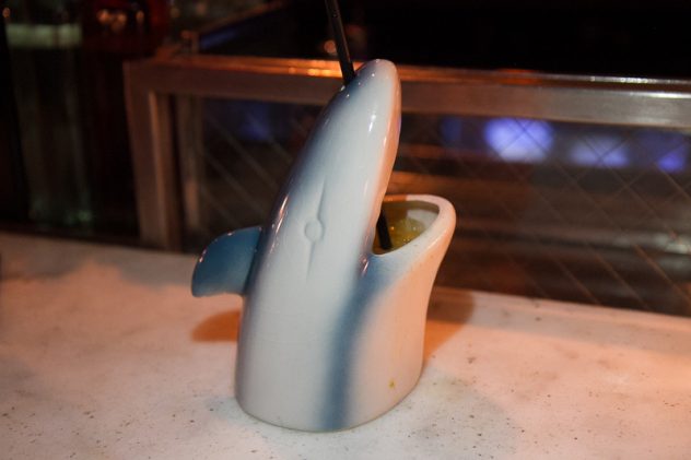 A cocktail in a shark mug at The Franklin Bar 