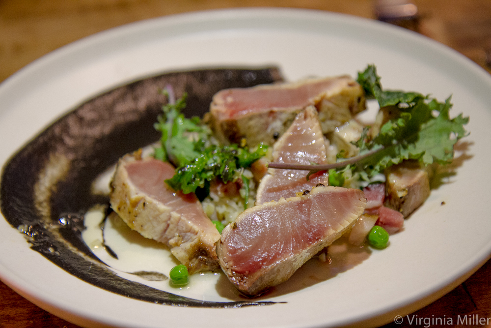 Cassava's yellowtail in squid ink soubise